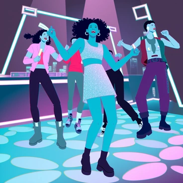 A young woman with medium skin and curly hair is wearing a shimmering silver dress that catches the light as she moves. She is surrounded by friends, all dressed in colorful outfits, with vibrant neon glowsticks in their hands. The club is filled with pulsating lights in shades of blue, pink, and green, creating a dynamic atmosphere. The friends are laughing and dancing energetically, each expressing joy as they enjoy the music. The background features DJ equipment and a large glowing dance floor, enhancing the lively mood of the scene.
