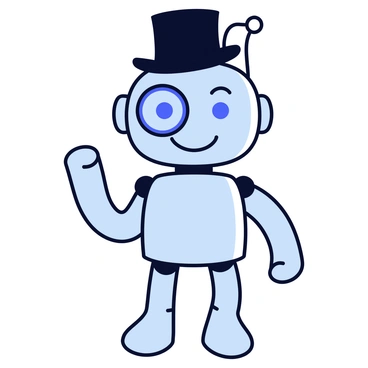 A cheerful robot with a shiny metallic body is standing upright. The robot has bright blue eyes that convey a sense of playfulness. It is wearing a black top hat that is slightly tilted to one side. The robot's right eye is adorned with a shiny monocle, giving it a stylish appearance. Its limbs are articulated with visible joints, and the robot has a wide, friendly smile. The background is minimalistic, emphasizing the character design.