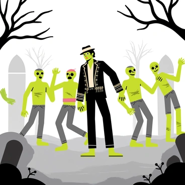 A foggy graveyard with tombstones and bare trees sets the scene. A group of five cartoon-style zombies, with green skin and tattered clothing, are energetically dancing. In the center, "Michael Jackson" is depicted in his iconic outfit, wearing a sequined jacket and a fedora. He strikes a classic dance pose, surrounded by the dancing zombies who exhibit various dance moves. The fog swirls around them, creating an eerie atmosphere in the graveyard.