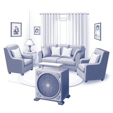 A vintage heating vent positioned on the floor of a cozy living room. The vent features intricate decorative details, reflecting its aged design. Surrounding the vent are various pieces of comfortable furniture, including a plush armchair and a soft sofa adorned with patterned cushions. Along the walls, there are several framed family photos showcasing joyful memories. A warm atmosphere is created by the arrangement of the furniture and the personal touches of the photographs.