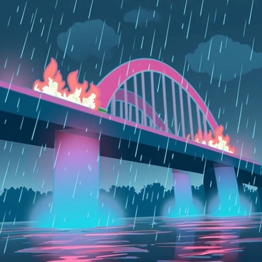 A rainy scene with a bridge partially ablaze, steam rising as rain meets fire