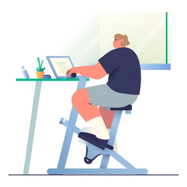 A person with light brown hair is taking a break from work in an office corner. They are wearing a black t-shirt and gray athletic shorts. The person is seated on a spin bike, with their feet secured in the pedals. A water bottle is placed on a nearby desk, and a small potted plant adds a touch of greenery to the corner. There is a laptop open on the desk, indicating the work environment. Sunlight is filtering through a nearby window, casting soft shadows on the floor.