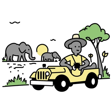 Vadivelu, wearing a khaki safari outfit and a wide-brimmed hat, is sitting in a jeep. He has a camera in his hands, capturing images of wild animals in their natural habitat. In the background, a group of elephants is seen drinking water from a river. A lion is lounging under a tree, partially hidden by tall grass. The sun is setting, casting a warm glow over the landscape. The jeep is parked on a dirt path, surrounded by lush vegetation and acacia trees.