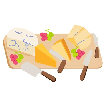 An assortment of artisanal cheeses displayed on a rectangular wooden board. The cheeses come in various shapes and colors, including a creamy white wheel, a sharp yellow block, and a blue-veined wedge. Each cheese is accompanied by small clusters of red and green grapes, along with slices of crusty bread. Several small cheese knives with wooden handles are placed around the board, ready for serving. The background features a soft, neutral cloth, enhancing the rustic presentation of the cheeses.