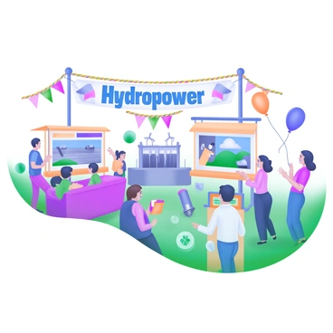 A vibrant community festival celebrating hydropower takes place in a lively outdoor setting. Colorful banners stretch across the area, prominently displaying the words "Hydropower Festival" in bright blue letters. Groups of cheerful people of diverse backgrounds are enjoying the festivities, some engaging in conversations while others participate in various activities. Stalls with educational displays about hydropower and its benefits are set up, featuring images of dams and turbines. A small stage is visible in the background where performers are entertaining the crowd. Colorful streamers and balloons add to the festive atmosphere, creating a sense of joy and community spirit.