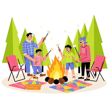 A family of four is gathered around a bright orange bonfire, with flames dancing and glowing warmly. The parents, a father wearing a blue flannel shirt and a mother in a red sweater, each hold a long stick with a marshmallow at the end, roasting them over the fire. Two children, a boy in a green t-shirt and a girl in a pink hoodie, eagerly watch the marshmallows turn golden brown. The campsite is surrounded by tall, green trees with a clear night sky above, sprinkled with stars. Six camping chairs are set up in a semi-circle around the fire, and a colorful picnic blanket is spread nearby, with a basket full of snacks.