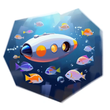 A deep-sea submersible is navigating through the dark, expansive ocean depths. The submersible has a sleek, oval shape with bright lights illuminating the surrounding water, revealing a variety of mysterious fish species. These fish exhibit unique and vibrant colors, with bioluminescent patterns that glow in the darkness. Some fish have elongated bodies and transparent fins, while others are rounder with intricate markings. The scene captures the submersible's portholes reflecting the dim light, as it observes a school of these enigmatic creatures swimming gracefully around it. Bubbles trail behind, adding a sense of movement to the underwater exploration.