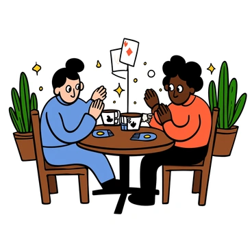 Two players with different skin tones are sitting at a small wooden table in a cozy cafe, engaged in a strategic card game. One player has light skin, short black hair, and is wearing a blue sweater. The other player has dark skin and curly hair, dressed in a red t-shirt. Both players have big eyes and are leaning slightly forward, concentrating intently on their cards. The cafe has warm lighting, wooden decor, and a few plants in the background, creating a welcoming atmosphere. Each player has a stack of cards in front of them and a cup of coffee beside them.