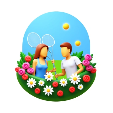 A garden scene with a couple playing badminton. The couple is dressed in casual sportswear, with the woman wearing a light blue tank top and the man in a white t-shirt. They are surrounded by a vibrant array of flowers, including daisies and roses in various colors. The badminton shuttlecock is visibly soaring through the air above them. The couple is smiling and focused on the game, with a clear blue sky in the background.