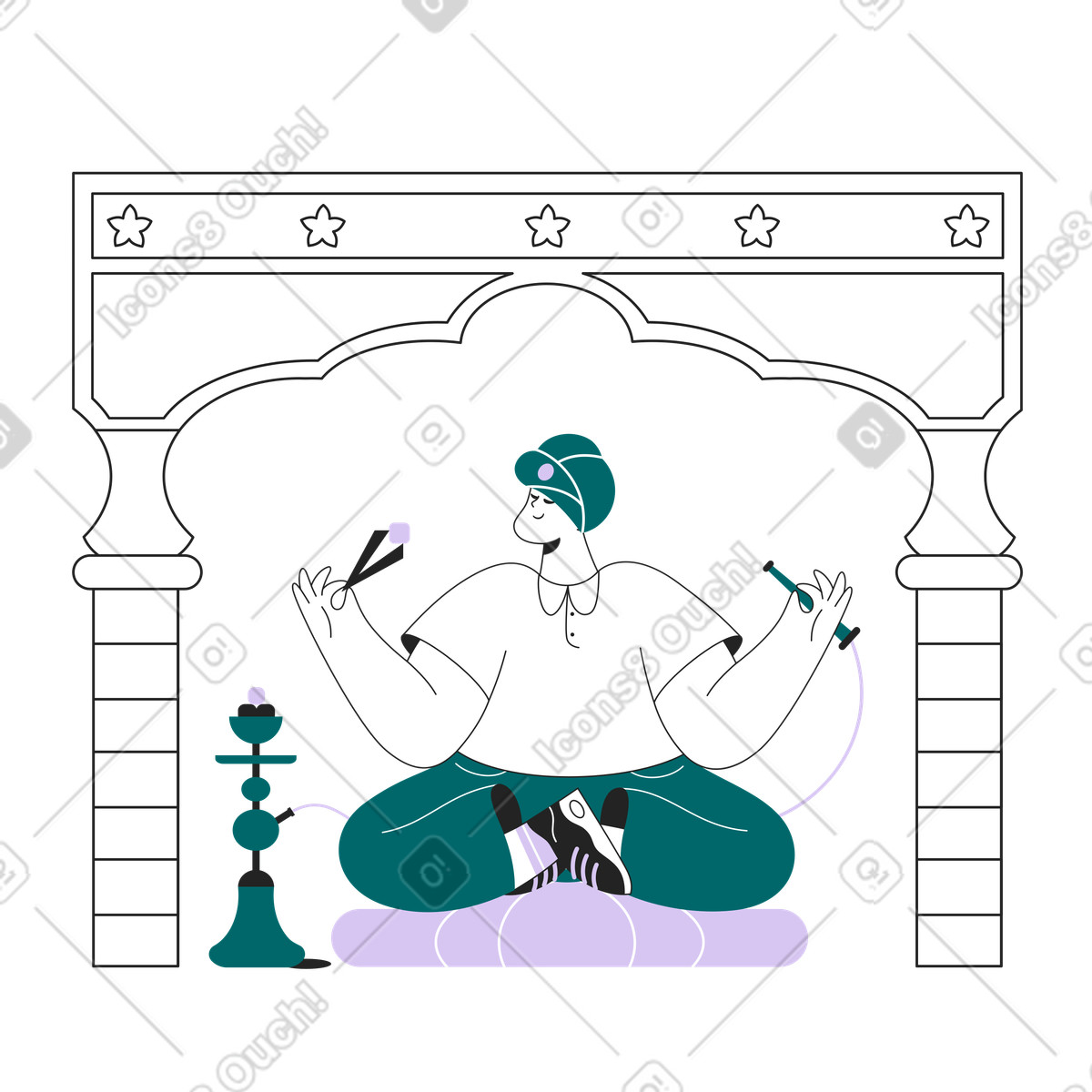 Man in turban smoking hookah illustration Sammy Line style download PNG, SVG