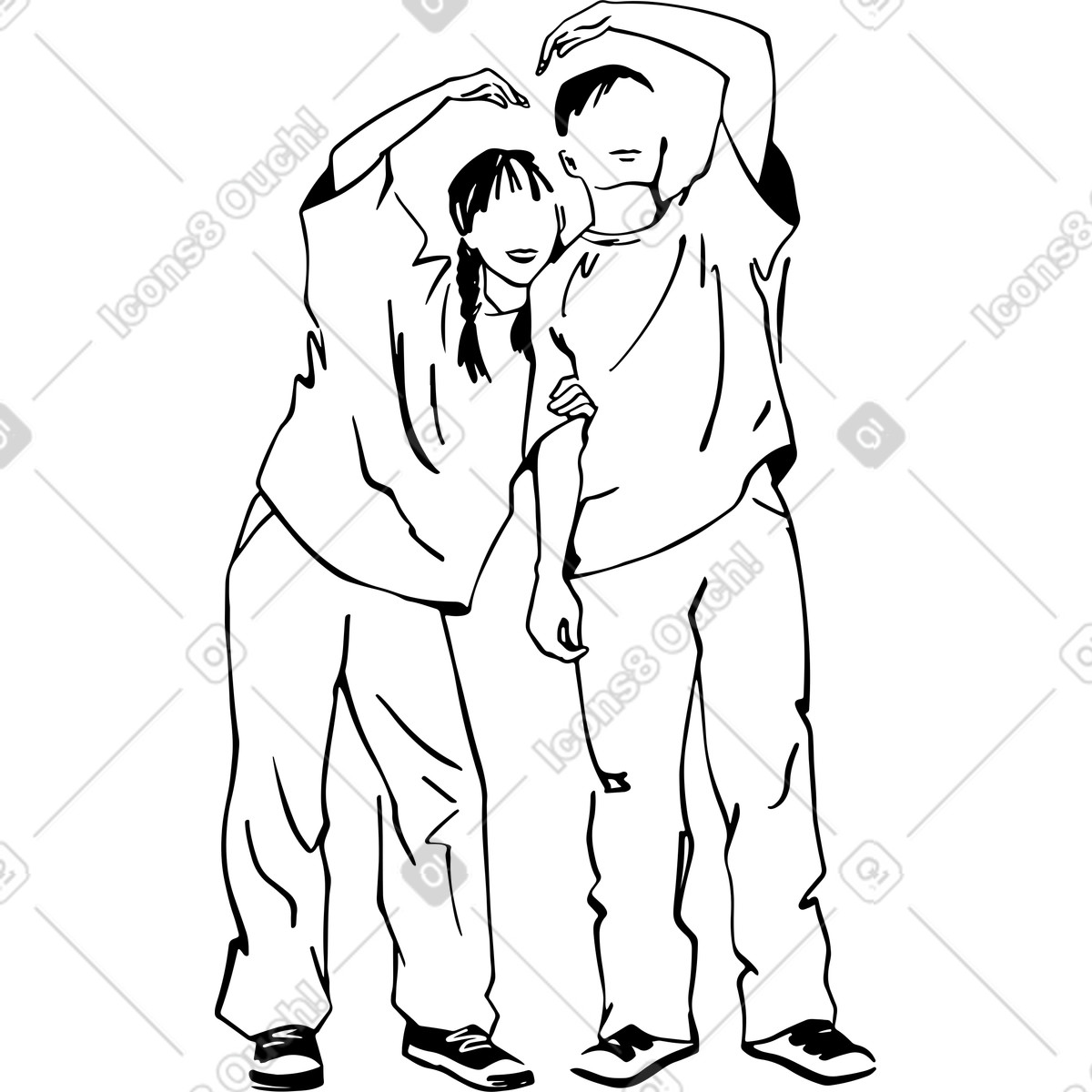 Ilustração de Mulher e um homem levantando os braços acima da cabeça em forma coração no estilo Line para baixar PNG, SVG