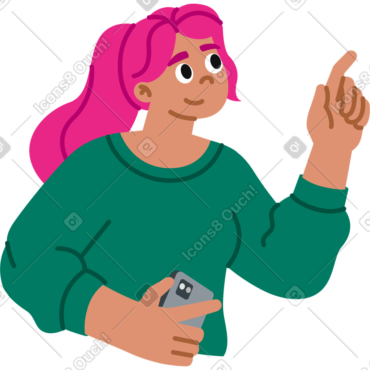 Junge frau mit einem telefon, das dem finger zeigt-Illustration im Active-Stil als Download in PNG, SVG