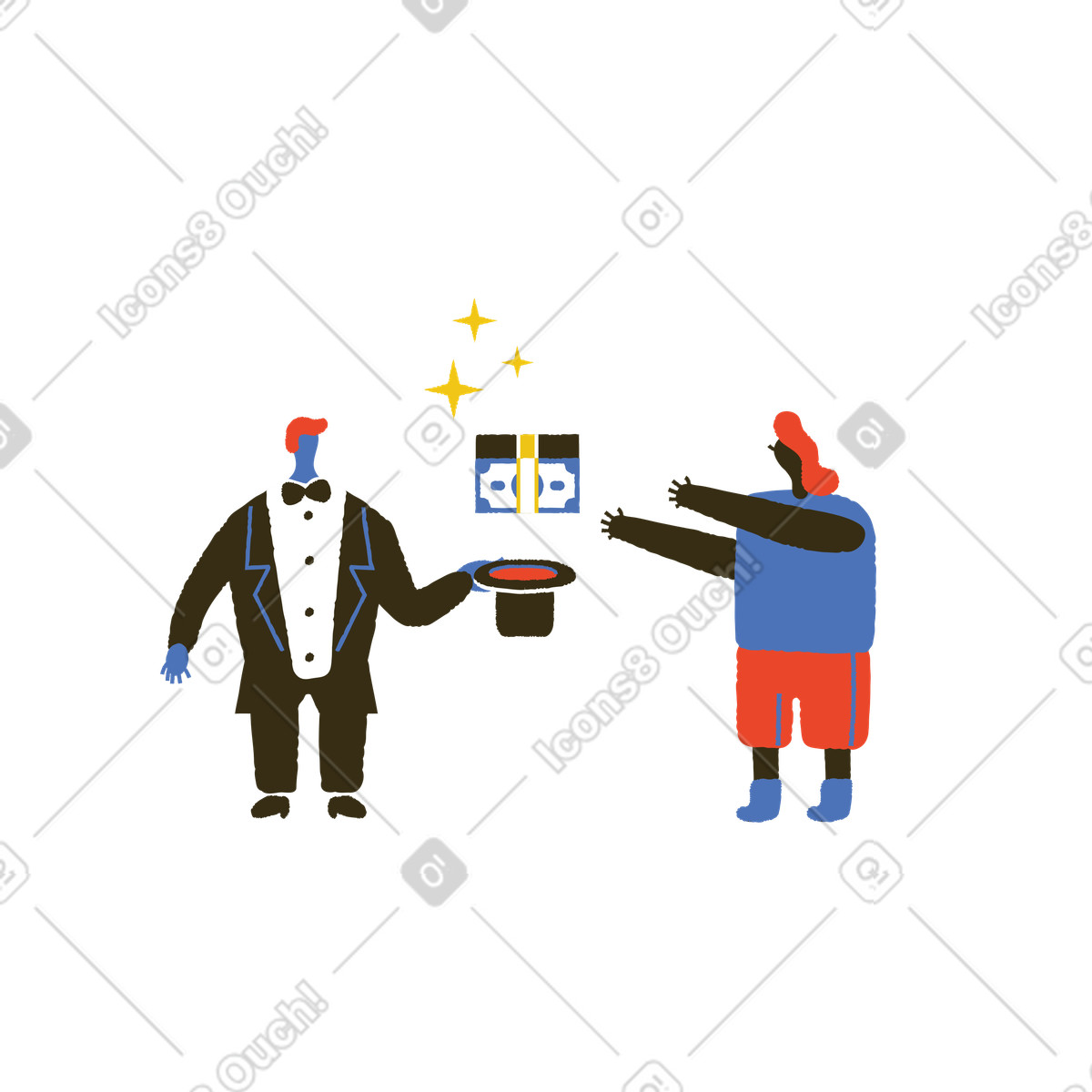 Magician summoning cash and man trying to catch it illustration in Bermuda style download in PNG, SVG
