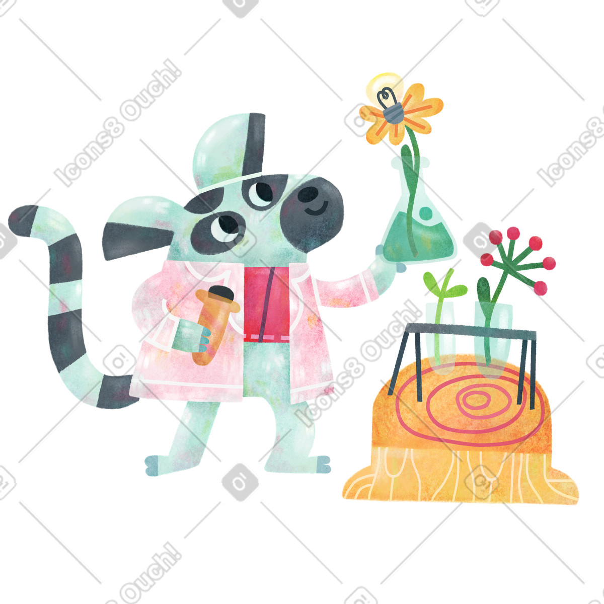 Waschbär-wissenschaftler experimentiert mit blumen als greentech-Illustration im Jungle-Stil Download in PNG, SVG