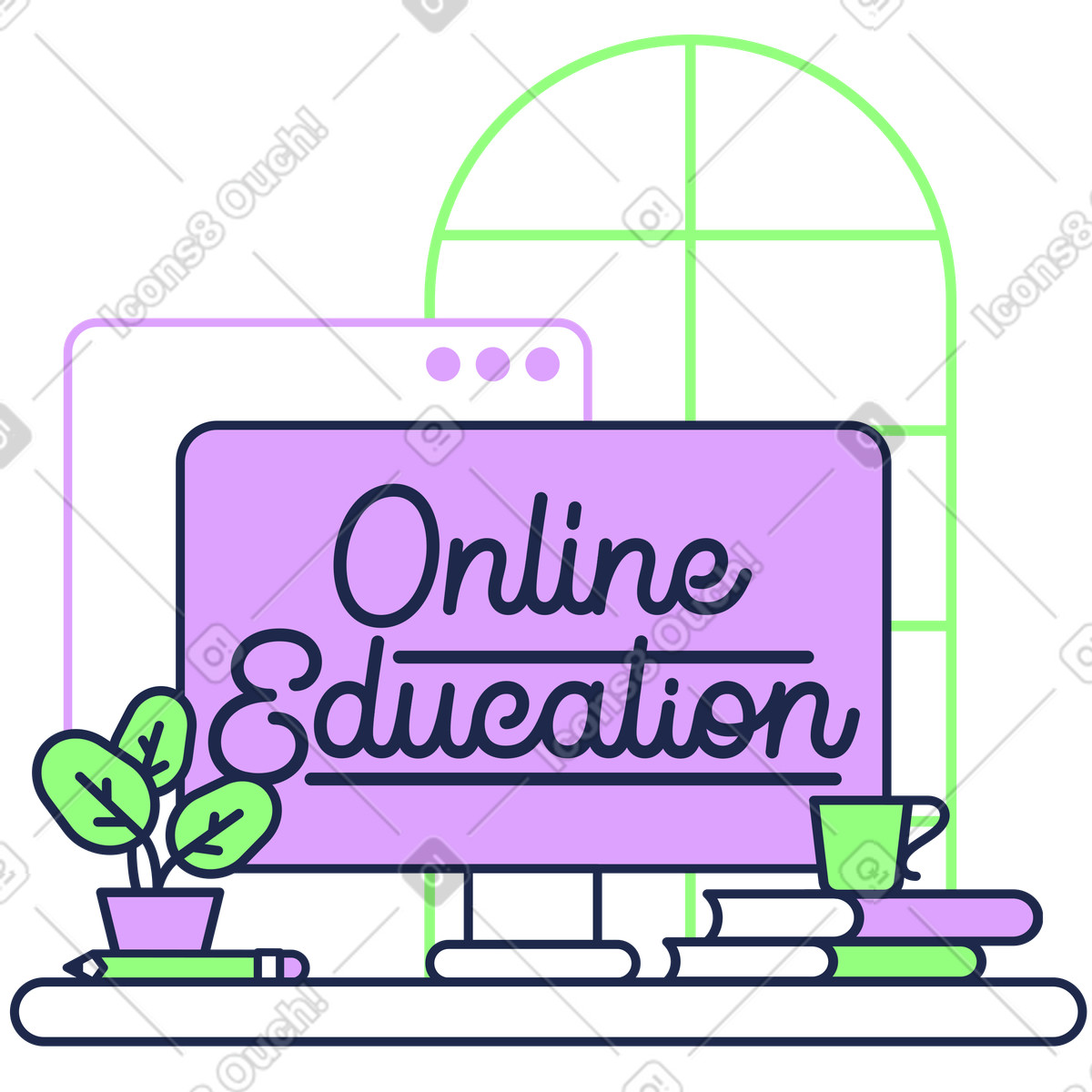 Desktop with online education lettering, Remote learning workspace illustration in Outline style download in PNG, SVG