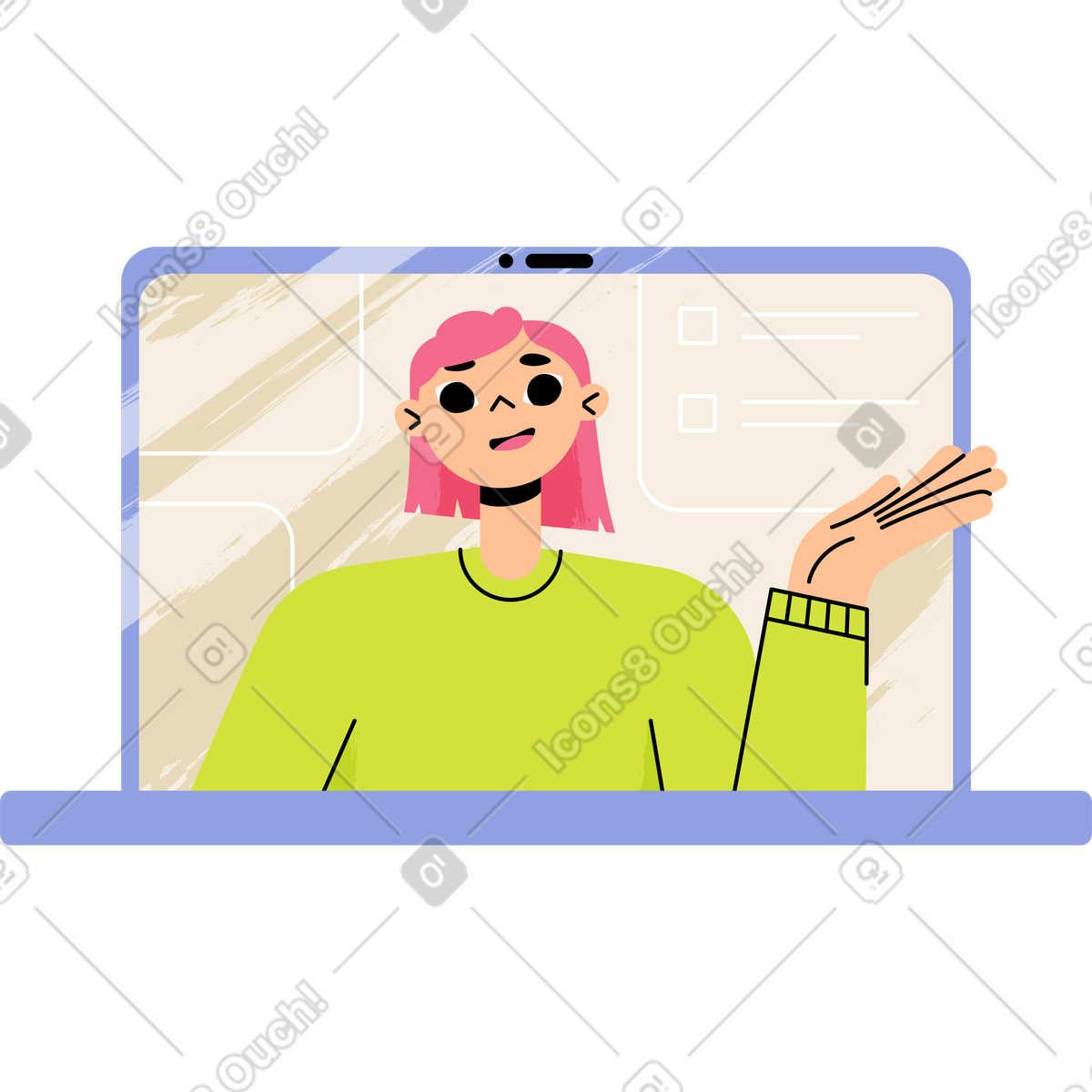 Ragazza che saluta dal computer portatile illustrazione in stile Juicy scarica in PNG, SVG