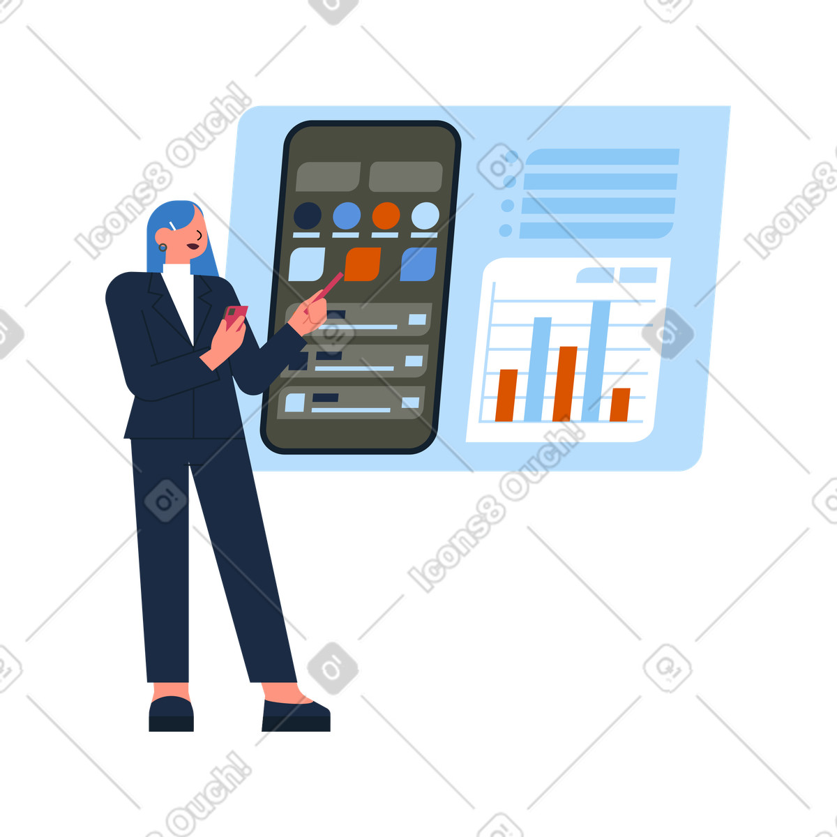 Presenting smartphone interface and infographics illustration in Vector style download in PNG, SVG