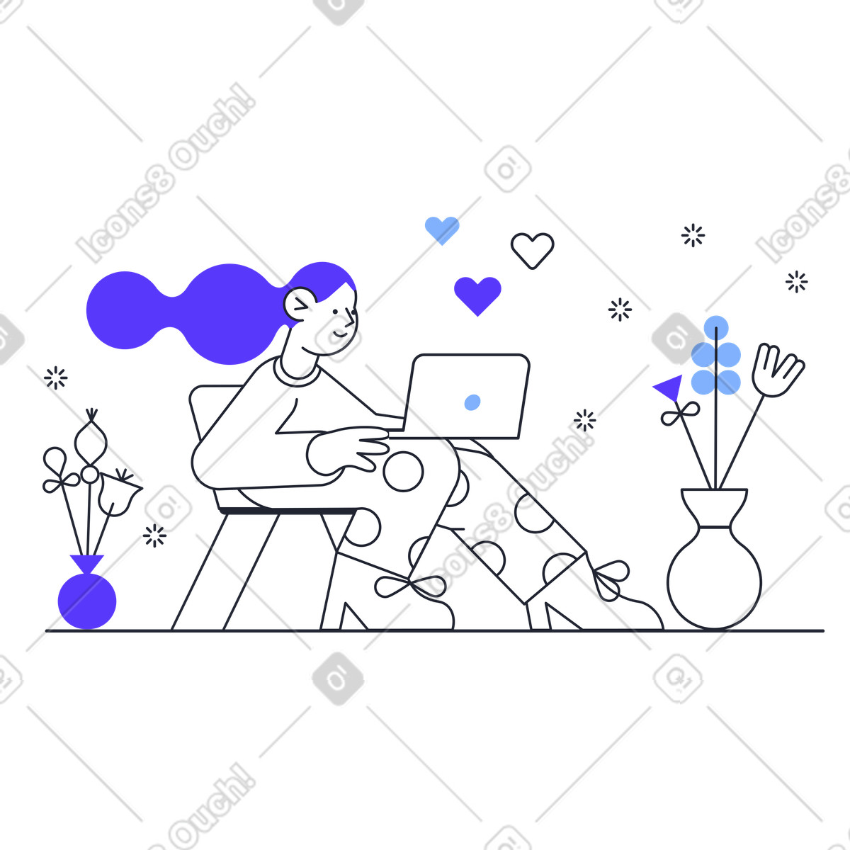 Ilustração de Mulher apaixonada sentada e conversando com laptop em no estilo Pablita para baixar em PNG, SVG