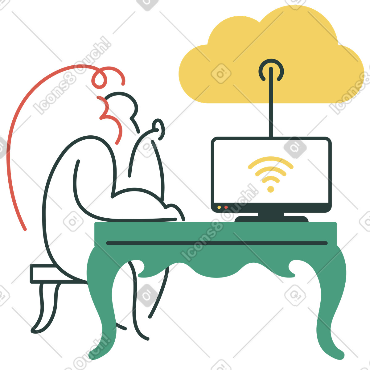 Ilustração de Mulher fazendo upload arquivos para a nuvem por wifi em no estilo Macaroni baixar em PNG, SVG