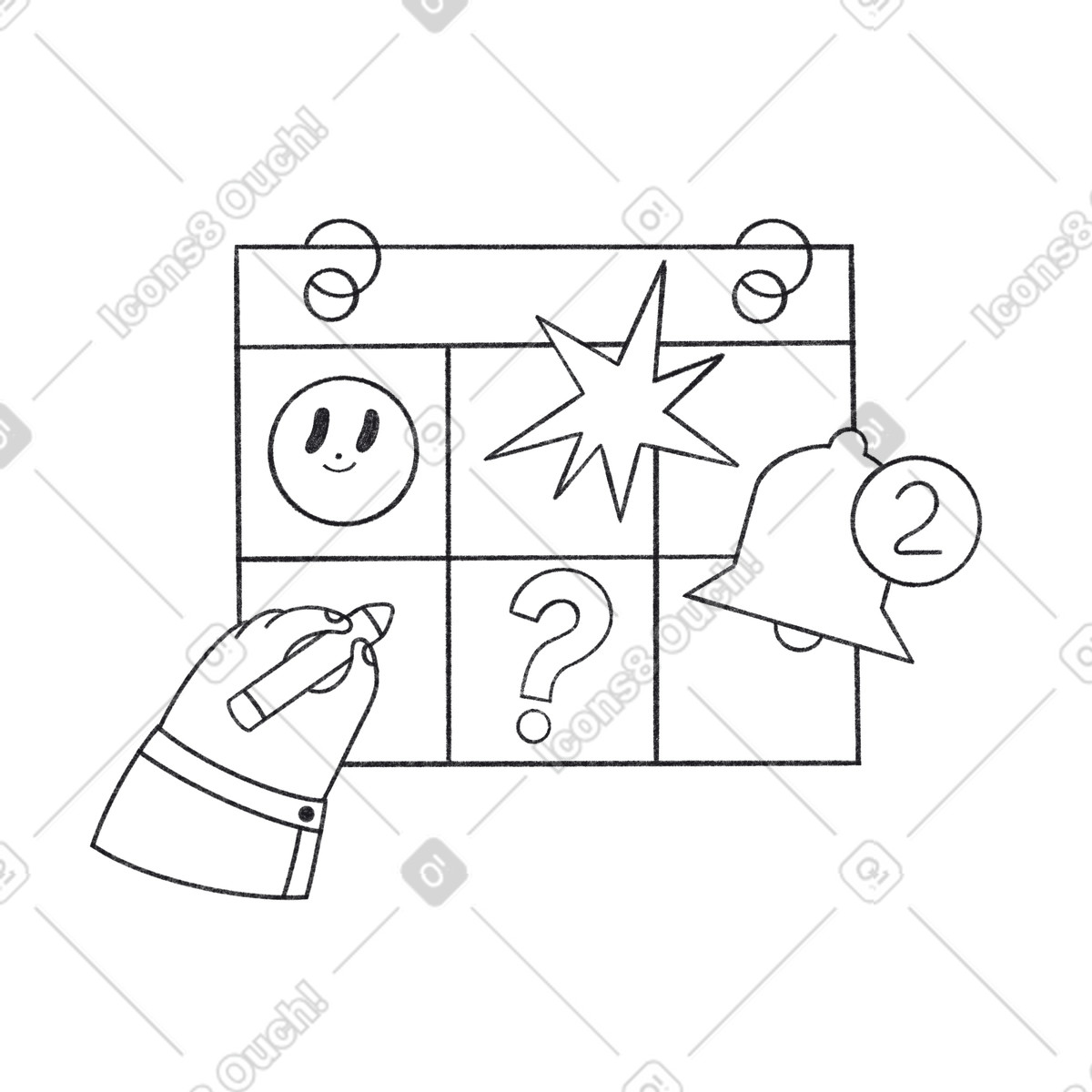 Ilustración Planificador de calendario con iconos y una mano bolígrafo. en estilo Bonbon Line a descargar en PNG SVG