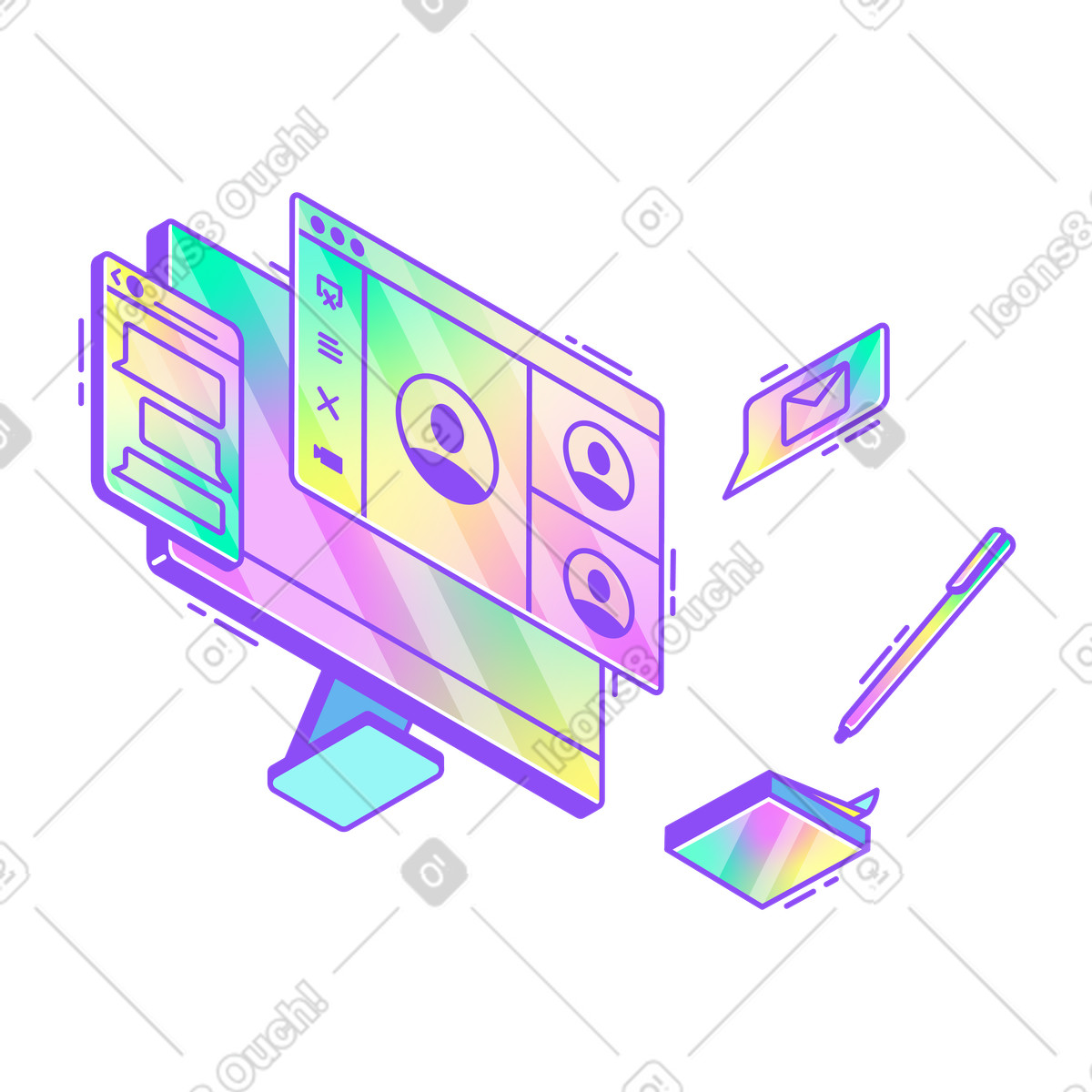 Taking notes during virtual meeting, Remote work management and productivity-Illustration im Holographic-Stil als Download in PNG, SVG