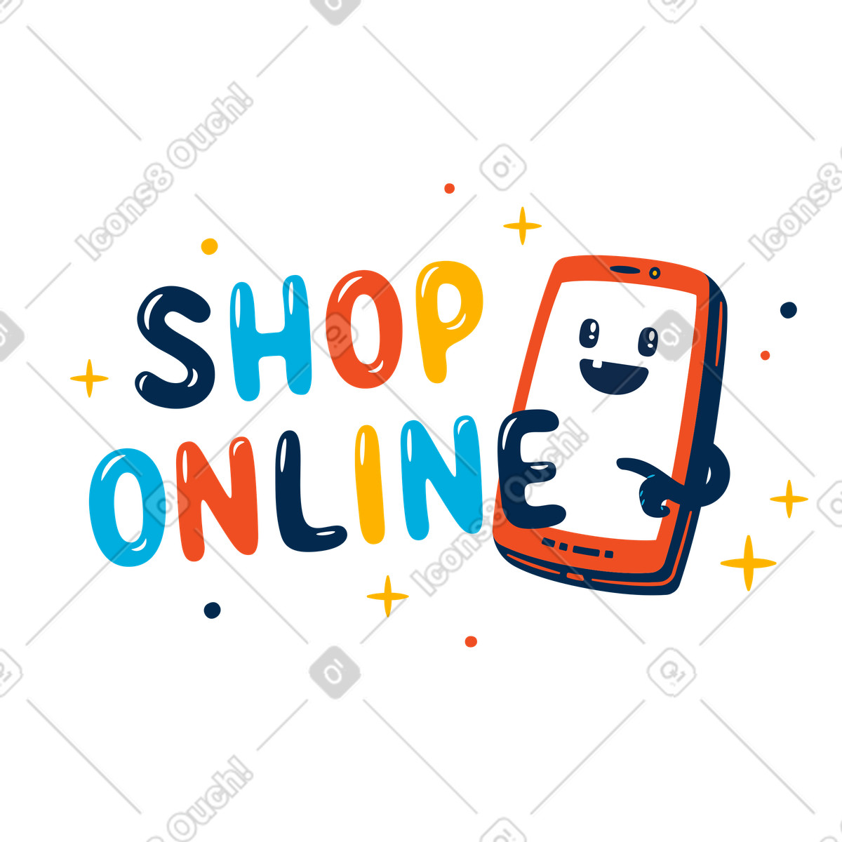 Ilustración Tienda de letras online texto y smartphone en estilo Flame a descargar en PNG SVG