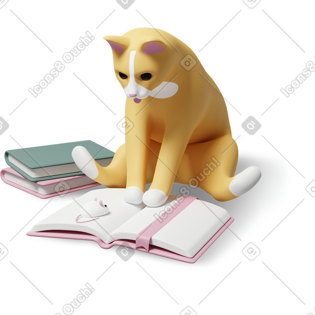 Illustration Chat assis avec des livres et une souris en peluche, concept de lecture curiosité dans le style 3D Casual life à télécharger aux formats PNG, SVG