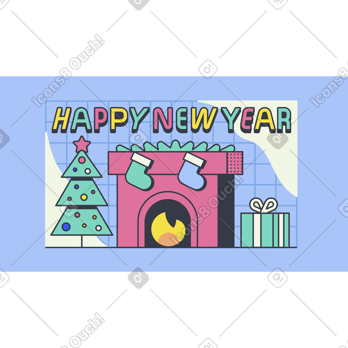 Illustration Lettrage happy new year avec arbre de noël et cheminée dans le style Abstract à télécharger aux formats PNG, SVG