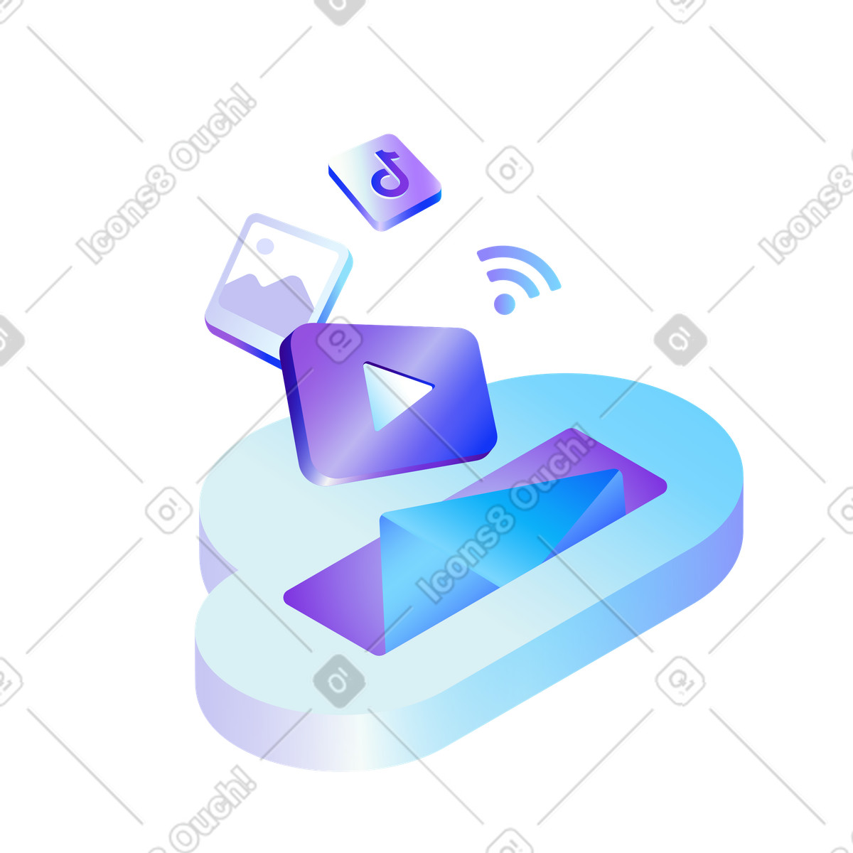 下载 Hi-tech 风格的 Apps and multimedia entering cloud storage, Online file transfer data migration 插画，支持 PNG、SVG 格式
