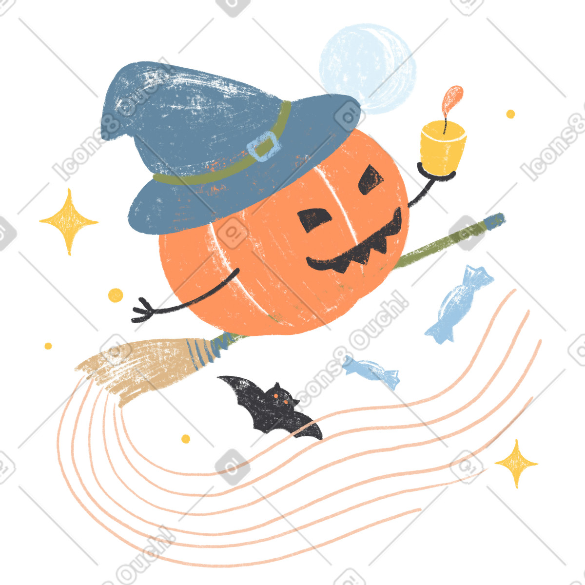 Ilustración Calabaza alegre volando en escoba halloween estilo Chalky a descargar PNG y SVG