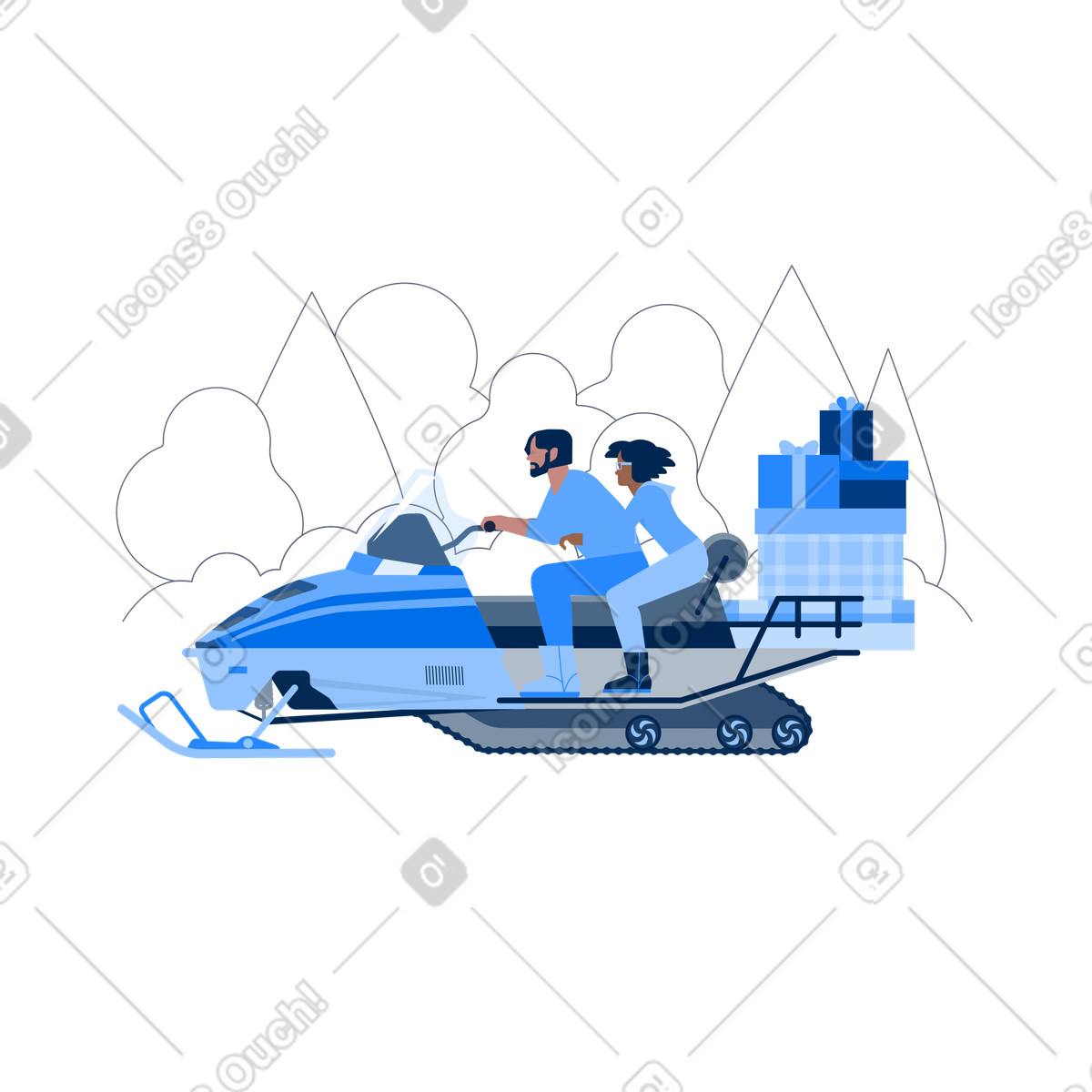 Urban スタイルの スノーモービルでプレゼントを届ける人々 のイラストをPNG、SVG形式でダウンロード