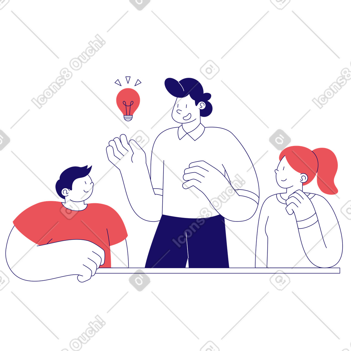 Team leader che parla di una nuova idea illustrazione animata in stile Bendy scaricabile in GIF, Lottie (JSON), AE