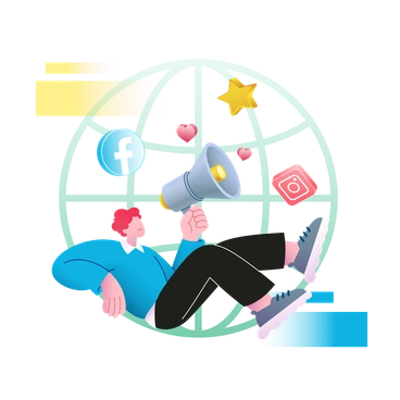 A man holding a megaphone surrounded by social media icons - Colors style illustration