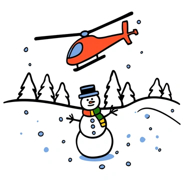 An RC helicopter with a bright red body and black rotors is flying high above a snow-covered field. The helicopter's blades are spinning rapidly, creating a sense of motion. Below, there is a snowman with a carrot nose and button eyes, wearing a colorful scarf and a top hat. The snow-covered field sparkles under the sunlight, and gentle snowflakes are falling, adding to the winter atmosphere. In the background, there are snow-covered trees lining the horizon.