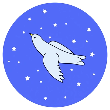 A silhouette of a "hirondelle" in flight, depicted against a backdrop of a "starry night sky." The sky is filled with numerous small white stars scattered across a deep blue canvas. The hirondelle is shown with its wings outstretched, creating a clear outline against the celestial scene.