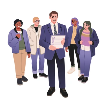 A financial advisor standing at the forefront, holding a clipboard with a visible checklist of financial goals. The advisor has light skin, short brown hair, and is wearing a navy blue suit with a white shirt and a striped tie. In the background, a smiling group of millennials is gathered, showcasing a diverse appearance. A woman with medium skin and curly hair is wearing a casual denim jacket and a green top. Next to her, a man with light skin is wearing a black t-shirt and khaki pants. Another woman with dark skin is wearing a colorful blouse and jeans, while a man with medium brown skin and glasses is wearing a white shirt and navy cardigan. Everyone appears engaged and optimistic, creating a positive atmosphere around financial planning.