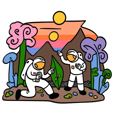 Two astronauts wearing white space suits with reflective visors are exploring a vibrant alien planet. The landscape is filled with unusual plant life, including large, brightly colored flowers with spiraling petals and towering, mushroom-like structures in shades of blue and purple. The ground is dotted with odd-shaped rocks and patches of glowing moss. In the background, the sky is a mixture of deep orange and pink hues, with two suns setting on the horizon. One astronaut is kneeling down, examining a unique plant, while the other is standing nearby, pointing at a distant mountain range that is unlike anything found on Earth.