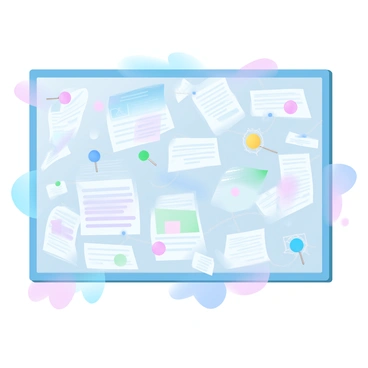 A bulletin board fills the center of the image, covered in a collage of various notes and news clippings. The notes are pinned with colorful pushpins, creating a vibrant display. The news clippings feature headlines and images, all arranged haphazardly. Some notes are handwritten, while others are printed. The background is a soft gradient of pastel colors, blending harmoniously. A few pieces of string are tacked to the board, with small paper signs hanging from them, adding to the cluttered yet organized look of the bulletin board.
