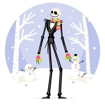 Jack Skellington is standing in a snowy landscape, surrounded by soft white snowflakes gently falling from the sky. He is wearing a colorful, knitted scarf wrapped around his neck and matching mittens on his skeletal hands. The background features snow-covered trees with branches heavy with snow. A few whimsical snowmen can be seen nearby, each with quirky features, adding to the playful atmosphere. Jack's tall, bony frame contrasts with the fluffy snow beneath him, creating a striking visual in this winter scene.