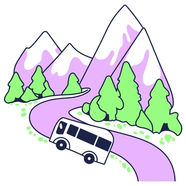 A white bus is driving along a winding mountain pass. The road curves sharply, bordered by steep cliffs on one side and a drop-off on the other. In the background, there are towering snow-capped peaks that rise majestically into the clear sky. The bus is moving steadily along the road, with trees lining the pass, some appearing slightly frosted. A few patches of snow can be seen on the ground near the edges of the road, highlighting the mountain environment.
