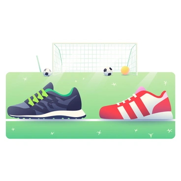 Two different styles of soccer shoes side by side on a sports field.