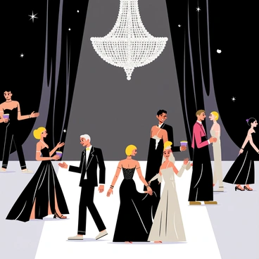 A glamorous ball scene featuring elegantly dressed guests in "black and silver ball gowns". Some guests are twirling gracefully on the dance floor, while others are engaged in conversation. Above them hangs a large, sparkling "chandelier" made of numerous crystals, casting a soft glow over the room. The walls are adorned with rich, dark fabric, and decorative elements enhance the luxurious atmosphere. The floor is polished, reflecting the shimmer of the gowns and the lights above, creating a sense of opulence throughout the ball.