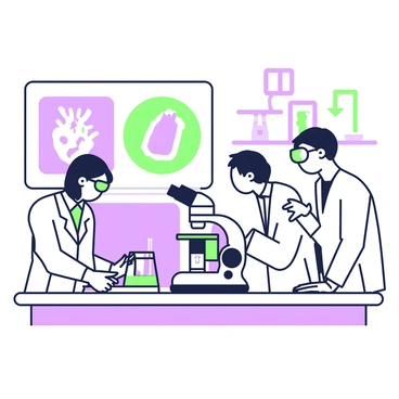 A group of scientists is gathered around a high-tech microscope in a state-of-the-art laboratory. One scientist is peering into the microscope, while another is taking notes on a tablet. The microscope is positioned on a sleek countertop, surrounded by various lab equipment and glassware. On the wall behind them, there are screens displaying images of heart cells. The scientists are wearing white lab coats and safety goggles, demonstrating a focused and professional atmosphere. The room is well-lit, highlighting the advanced technology and the detailed examination of the heart cells.
