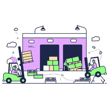 A busy loading dock is filled with activity as forklifts maneuver around. One forklift is lifting a pallet stacked with boxes, while another is unloading a pallet filled with crates. The storage facility in the background is a large building with a wide entrance and several large doors. There are multiple pallets scattered around the dock, some filled with goods and others empty, ready for loading. Workers in safety vests are directing the movement of the forklifts, ensuring the efficient flow of operations. Bright overhead lights illuminate the entire scene, emphasizing the hustle and bustle of the loading dock environment.