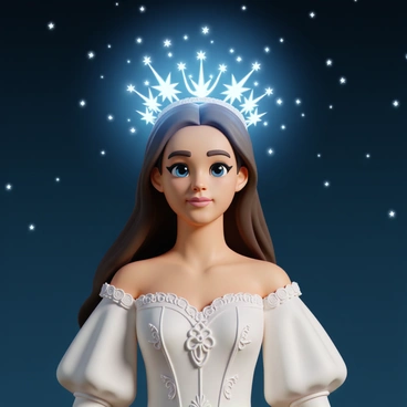 Hera, a woman with long flowing hair, is wearing an elegant gown adorned with intricate patterns. She has a crown made of shimmering stars and swirling moonlight resting atop her head, casting a soft glow around her. Her expression is regal and serene, with her eyes glistening like the night sky. The background features a deep blue night sky filled with twinkling stars, enhancing the ethereal quality of her presence.
