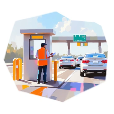 A highway toll booth is positioned alongside a busy road, with several vehicles approaching. A toll collector, a middle-aged person with medium skin tone and short black hair, is attentively inspecting the cars as they pass by. They are standing in the booth, wearing a bright safety vest, and holding a ticket in one hand. The booth has a small window that is partially open, allowing for communication with the drivers. In the background, there are cars lining up, and a clear sky is visible above.