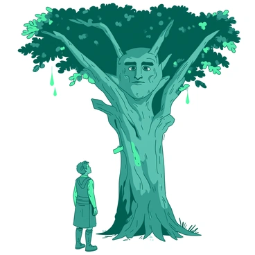 A wise old tree with a face carved into its bark, speaking to a traveler