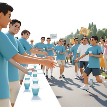A group of volunteers, wearing matching bright blue t-shirts and beige shorts, stands behind a long table filled with clear plastic cups of water. Each volunteer smiles warmly as they extend their arms, offering cups to passing runners. The runners, wearing colorful athletic gear, are in mid-stride, some reaching out for water while others are already drinking, showing determination on their faces. The hydration station is set up on the side of a paved road, with cheering spectators in the background, holding signs and clapping for the runners. The sun shines brightly overhead, illuminating the scene with vibrant colors.