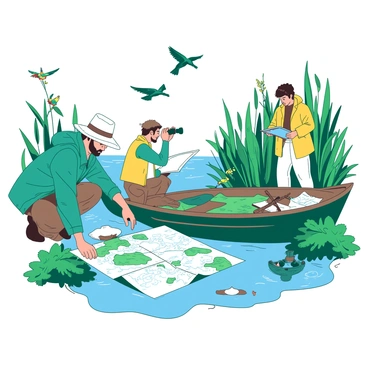 A group of explorers, consisting of three individuals, is actively engaged in mapping the waters and wildlife of a delta area. The first explorer, wearing a teal waterproof jacket, is crouched by the edge of a small boat, examining a detailed map spread out in front of him. The second explorer, dressed in a white vest and wide-brimmed hat, is using binoculars to observe birds flying above the water. The third explorer, in a yellow raincoat, is taking notes in a notebook while standing at the back of the boat, surrounded by various scientific instruments. Lush green vegetation and tall reeds frame the waters of the delta, while a couple of colorful birds can be seen perched on nearby branches. The scene captures the spirit of exploration and discovery in a vibrant natural setting.