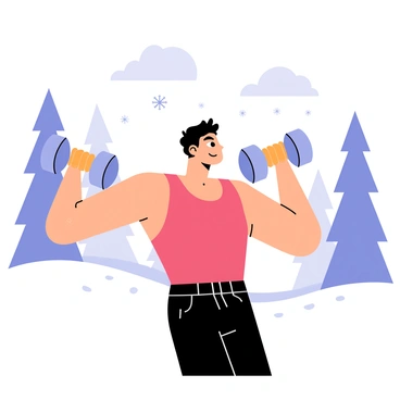 A person with short black hair is wearing a red tank top and black workout pants, performing a chest press with a pair of shiny silver dumbbells. The snowy landscape around them is covered in a thick layer of white snow, with tall pine trees visible in the background, their branches dusted with snowflakes. Light gray clouds are overhead, adding to the chilly atmosphere, while small snowflakes occasionally fall around the person. The person's determined expression shows concentration as they focus on their workout amidst the winter scene.